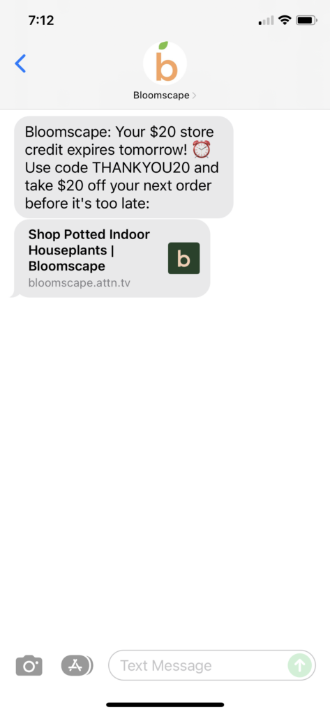 Bloomscape Text Message Marketing Example - 11.20.2021