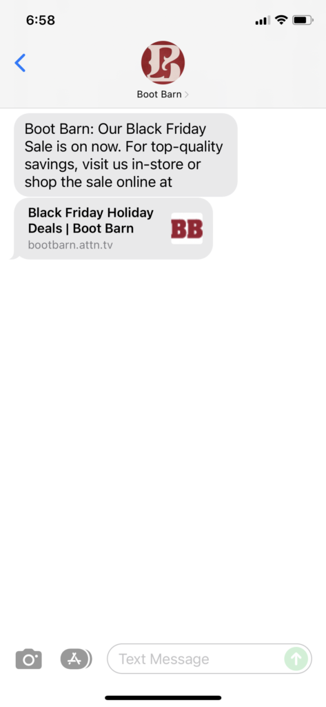 Boot Barn Text Message Marketing Example - 11.26.2021