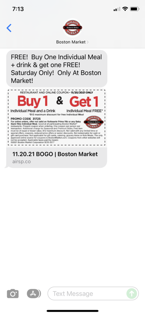 Boston Market Text Message Marketing Example - 11.20.2021