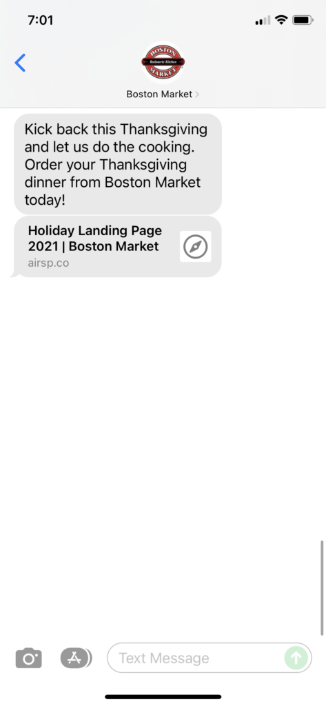 Boston Market Text Message Marketing Example - 11.21.2021