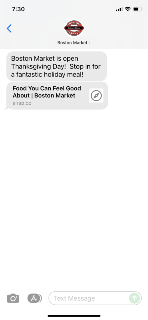 Boston Market Text Message Marketing Example - 11.25.2021