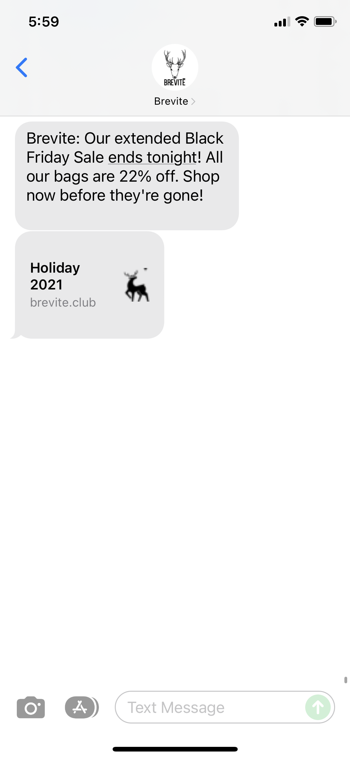 Brevite 1 Text Message Marketing Example 11.28.2021 SMS Archives