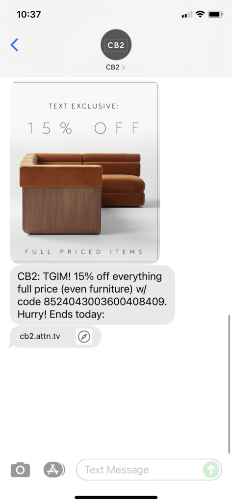 CB2 Text Message Marketing Example - 11.01.2021
