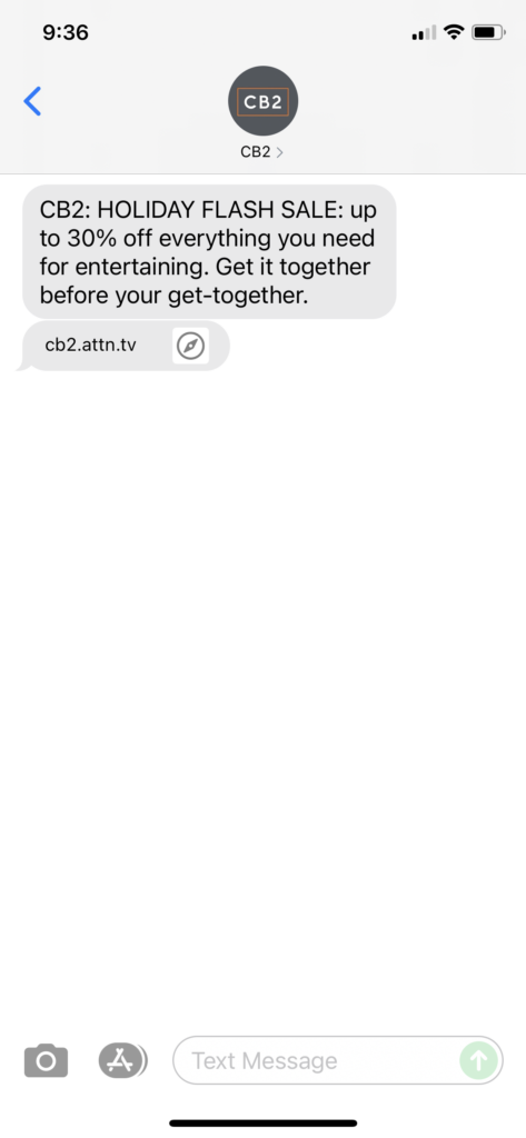 CB2 Text Message Marketing Example - 11.04.2021