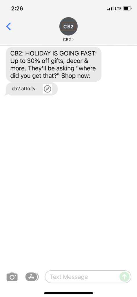 CB2 Text Message Marketing Example - 11.18.2021