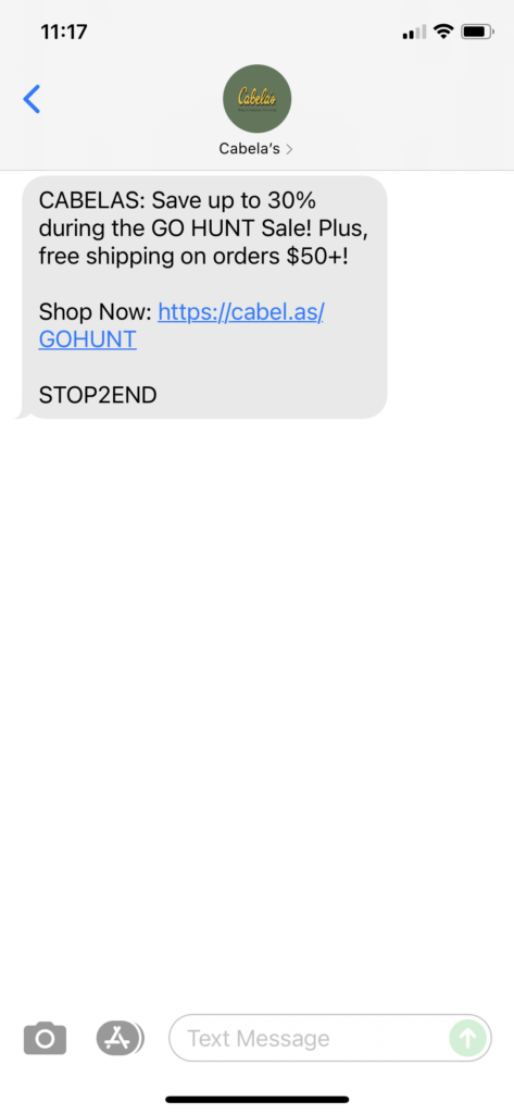 Cabelas Text Message Marketing Example - 10.30.2021