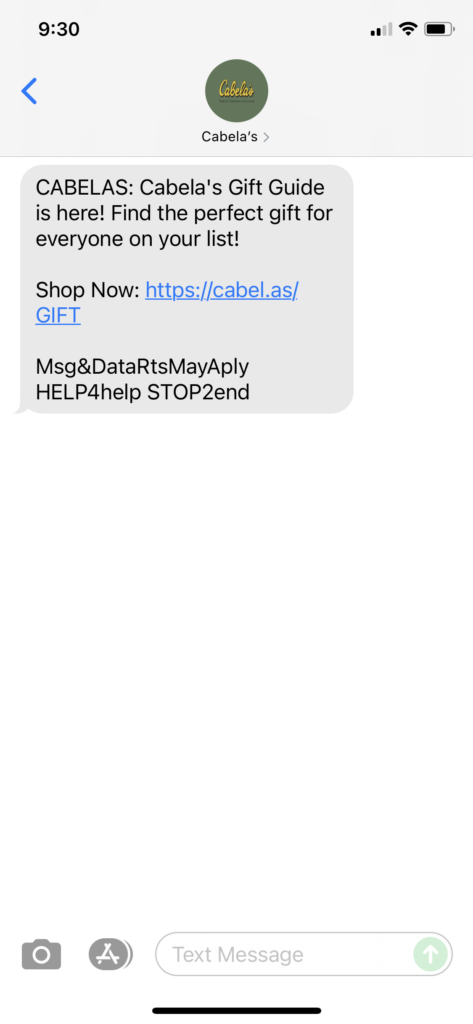 Cabelas Text Message Marketing Example - 11.05.2021