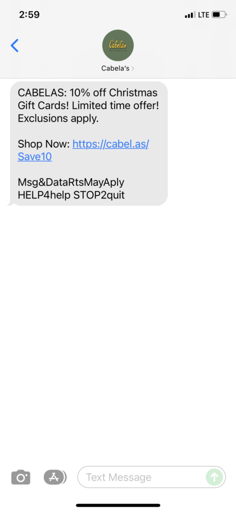 Cabelas Text Message Marketing Example - 11.16.2021