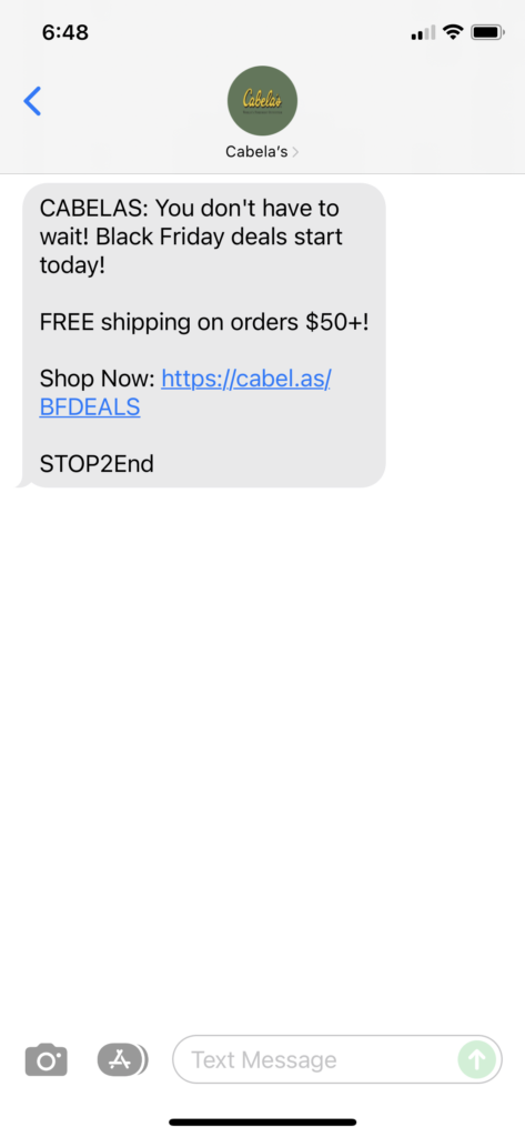Cabelas Text Message Marketing Example - 11.22.2021