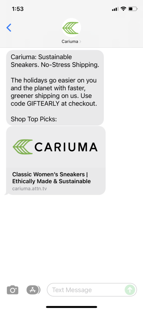 Cariuma Text Message Marketing Example - 11.08.2021