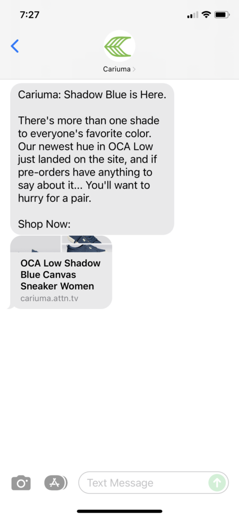 Cariuma Text Message Marketing Example - 11.19.2021