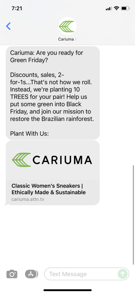 Cariuma Text Message Marketing Example - 11.25.2021