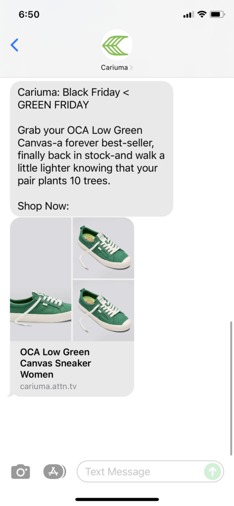 Cariuma Text Message Marketing Example - 11.26.2021