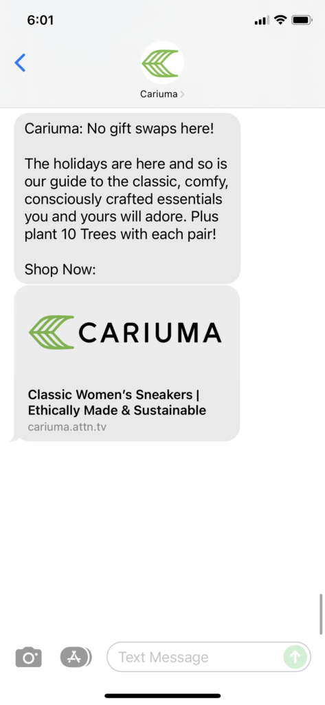 Cariuma Text Message Marketing Example - 11.28.2021
