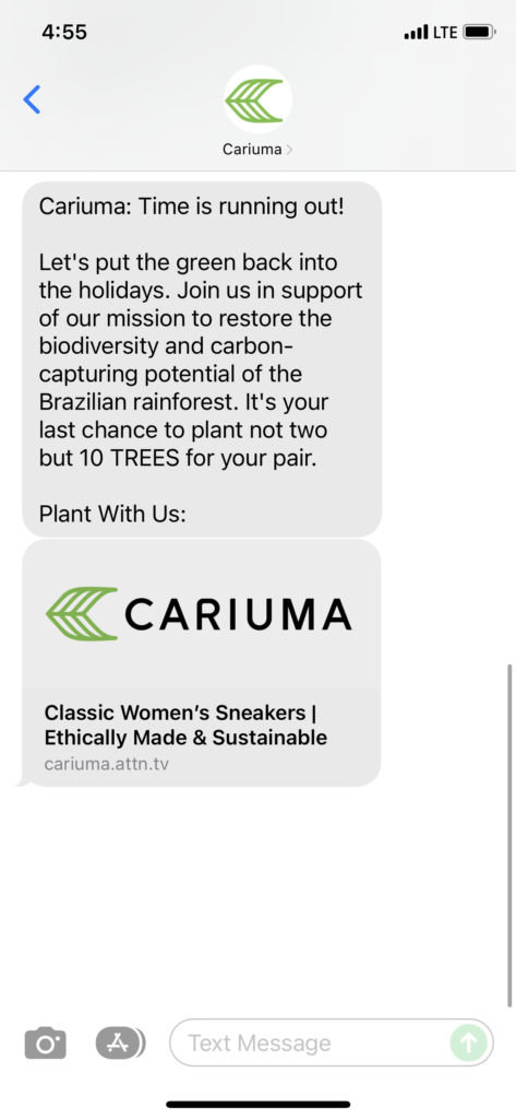 Cariuma Text Message Marketing Example - 11.29.2021