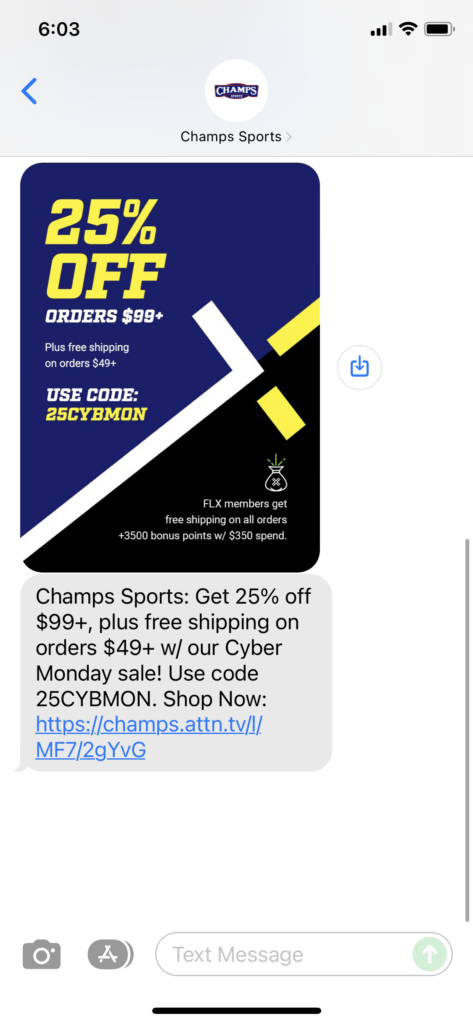 Champs Sports Text Message Marketing Example - 11.28.2021