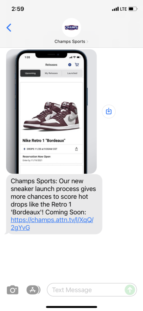 Champs Text Message Marketing Example - 11.16.2021