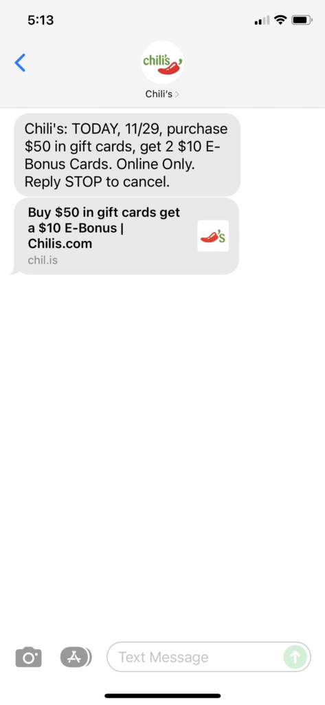 Chili's Text Message Marketing Example - 11.29.2021