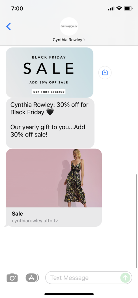 Cynthia Rowley Text Message Marketing Example - 11.26.2021