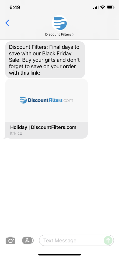Discount Filters Text Message Marketing Example - 11.26.2021