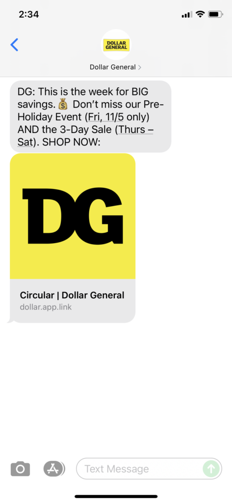 Dollar General Text Message Marketing Example - 11.01.2021