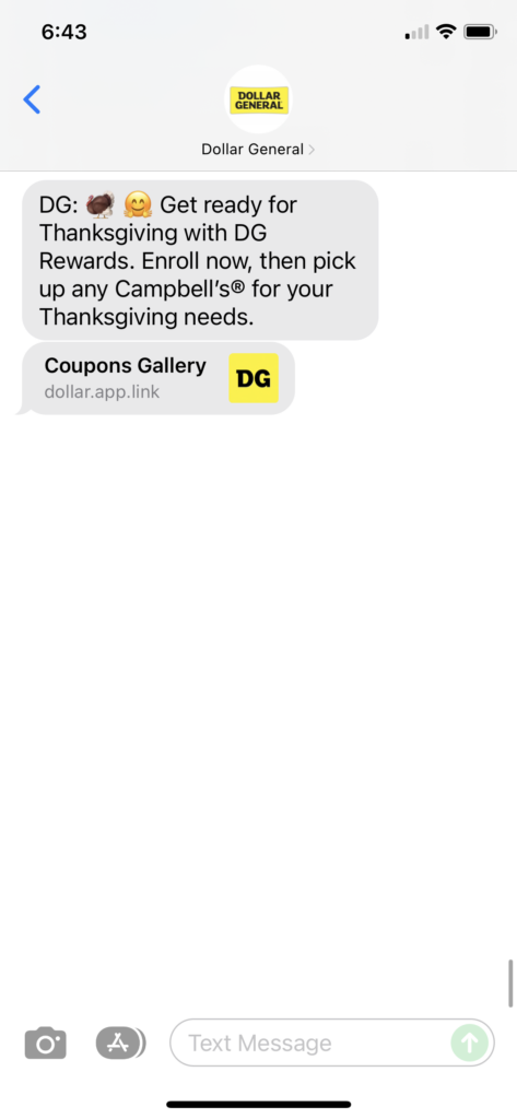 Dollar General Text Message Marketing Example - 11.22.2021