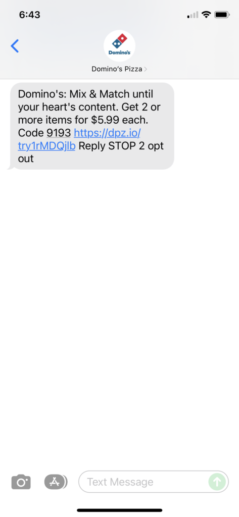 Domino's Text Message Marketing Example - 11.22.2021