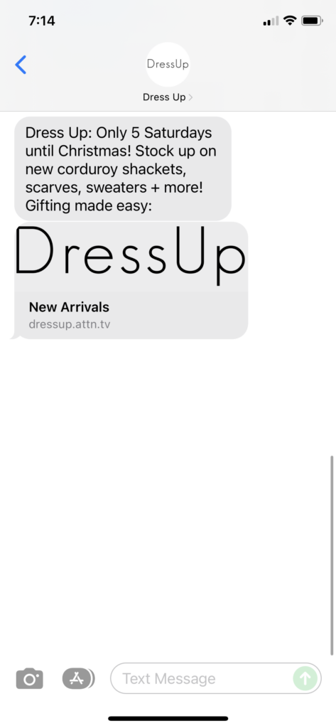 Dress Up Text Message Marketing Example - 11.20.2021