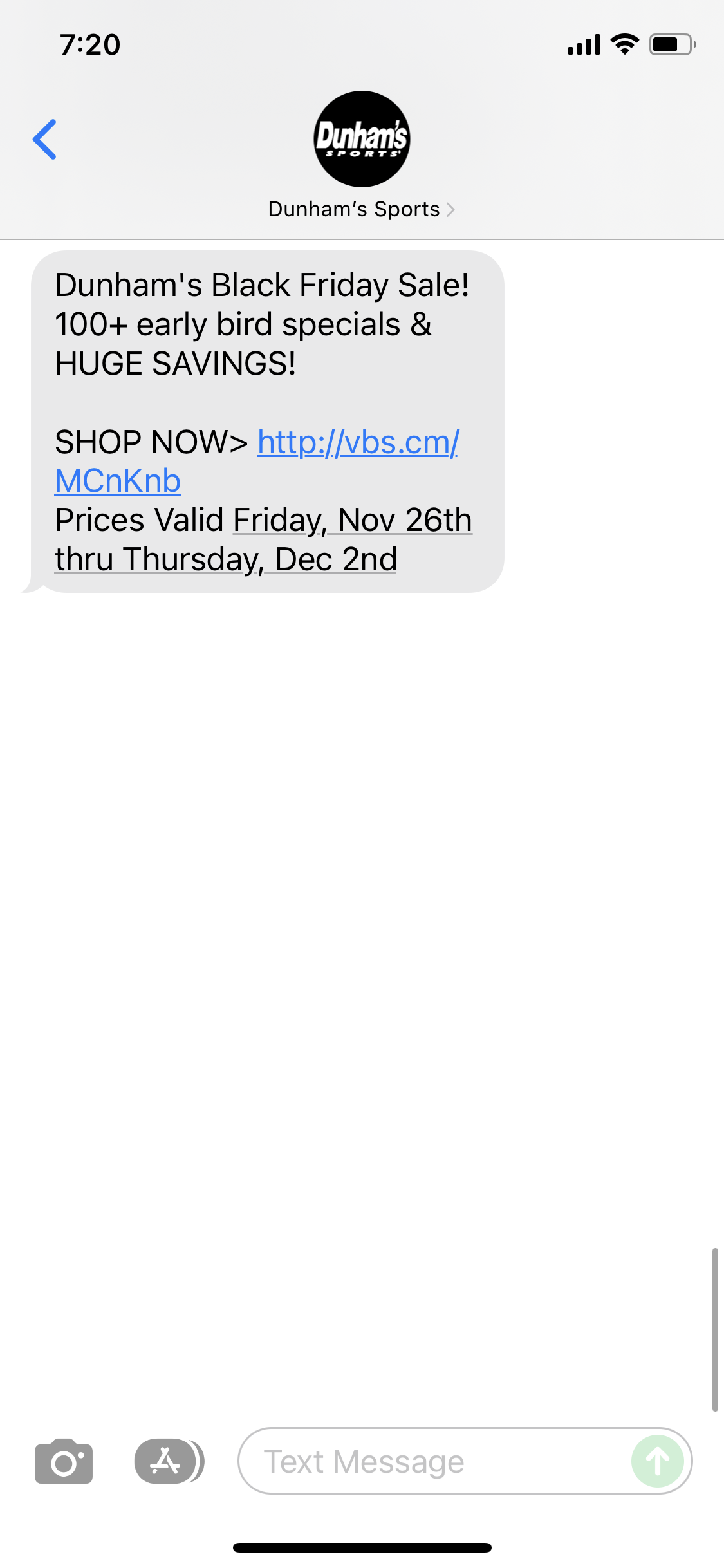 Dunham’s Text Message Marketing Example 11.26.2021 SMS Archives