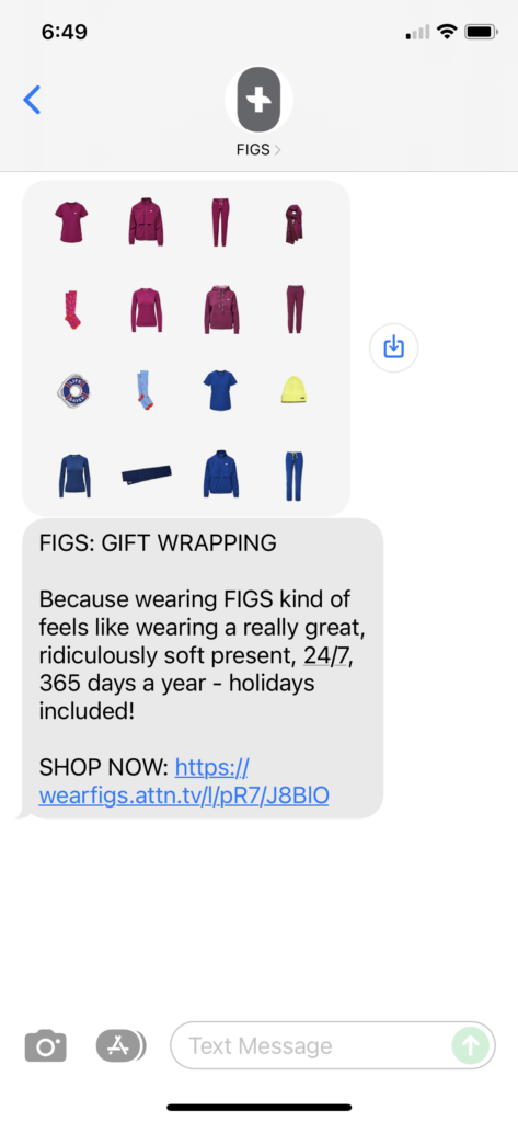 FIGS Text Message Marketing Example - 11.22.2021