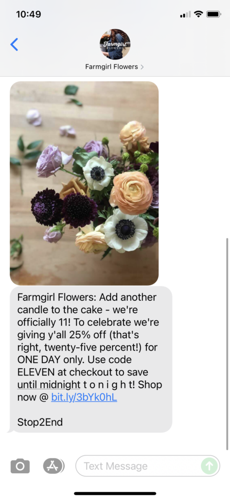 Farmgirl Flowers Text Message Marketing Example - 11.08.2021