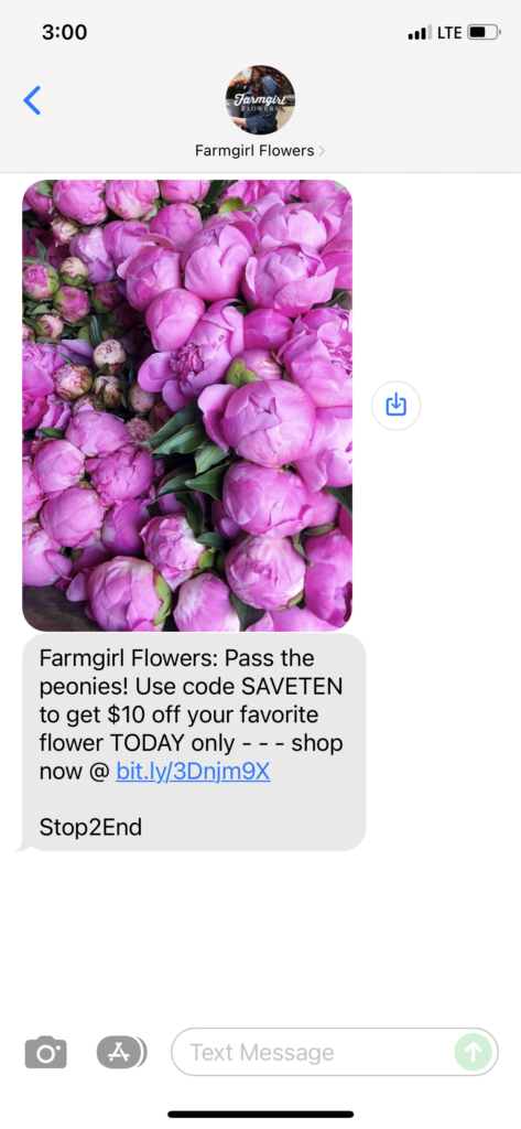Farmgirl Flowers Text Message Marketing Example - 11.16.2021