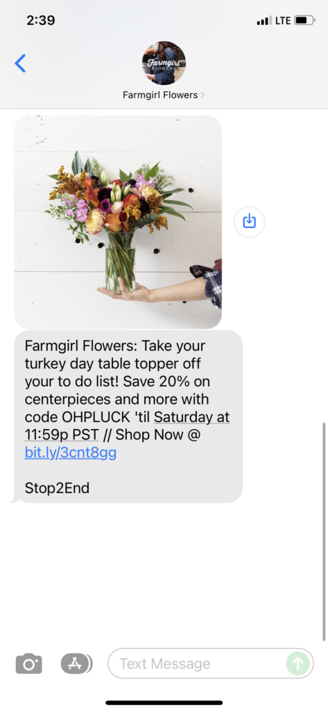 Farmgirl Flowers Text Message Marketing Example - 11.18.2021