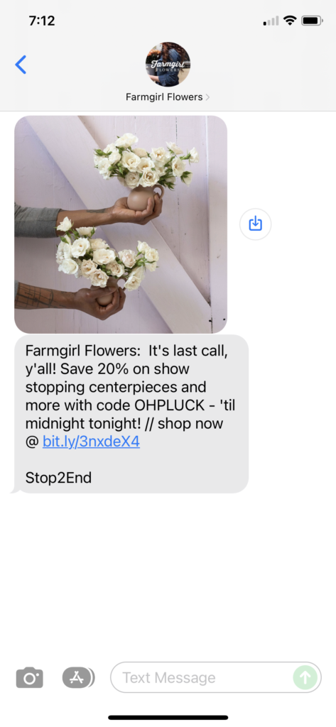 Farmgirl Flowers Text Message Marketing Example - 11.20.2021