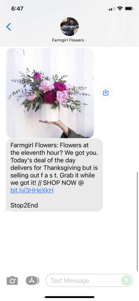 Farmgirl Flowers Text Message Marketing Example - 11.22.2021
