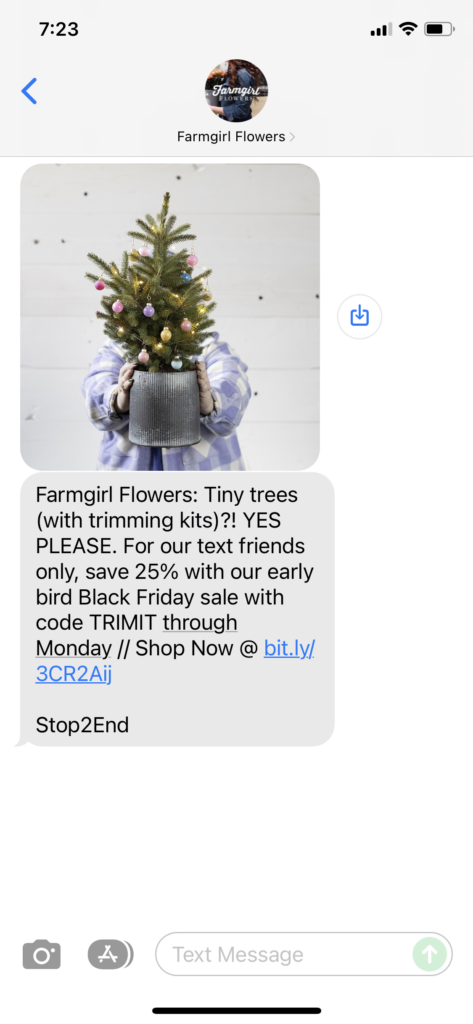 Farmgirl Flowers Text Message Marketing Example - 11.25.2021
