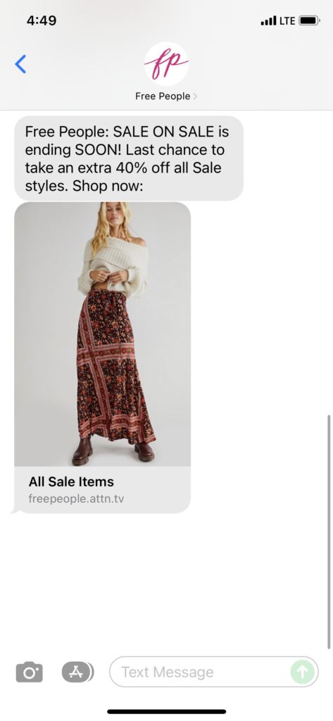 Free People 1 Text Message Marketing Example - 11.29.2021