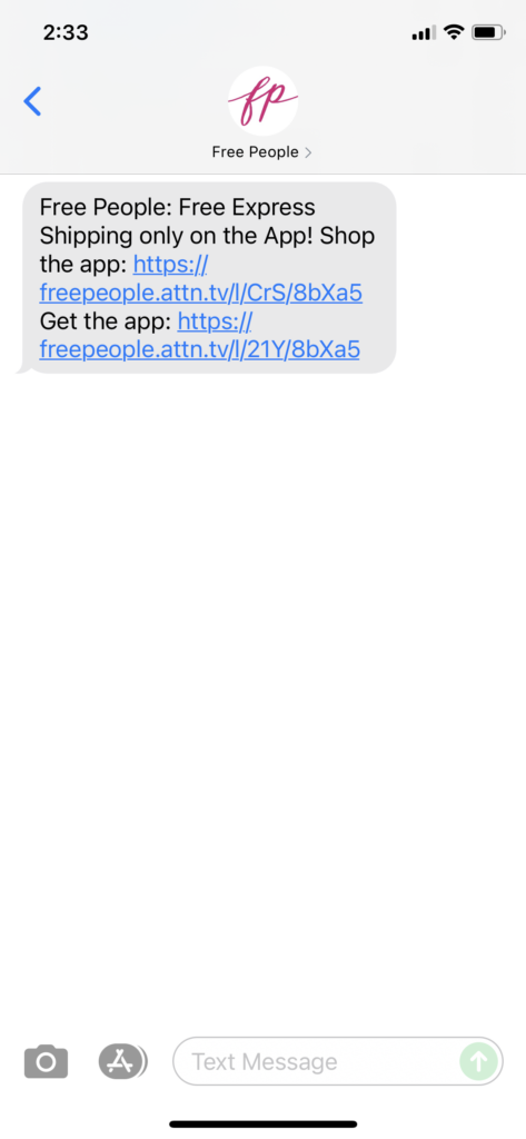 Free People Text Message Marketing Example - 11.01.2021