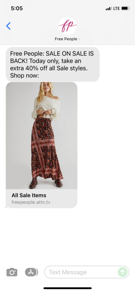 Free People Text Message Marketing Example - 11.29.2021