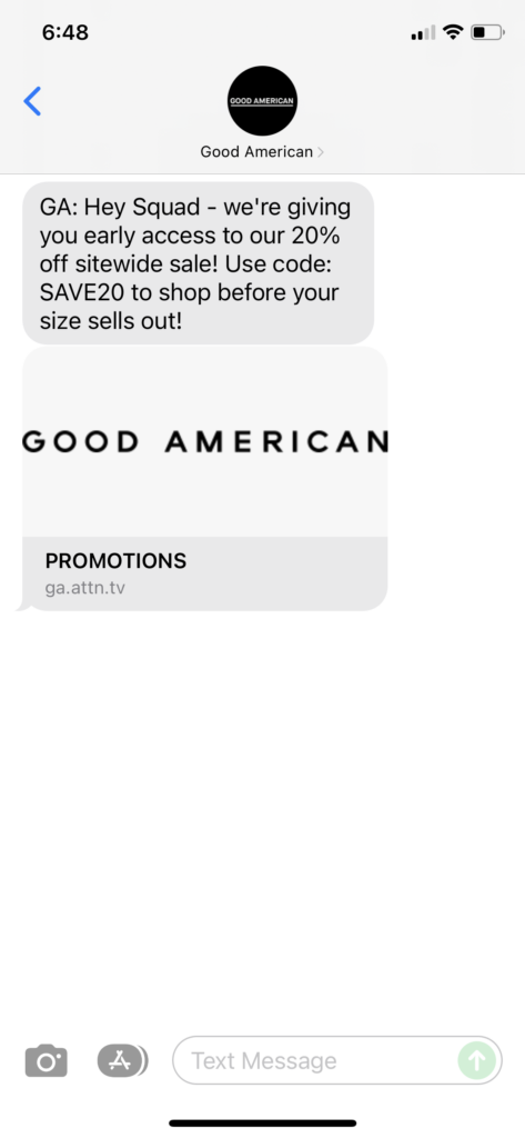 Good American Text Message Marketing Example - 11.10.2021