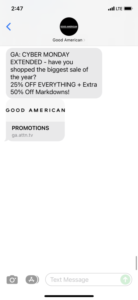 Good American Text Message Marketing Example - 11.30.2021