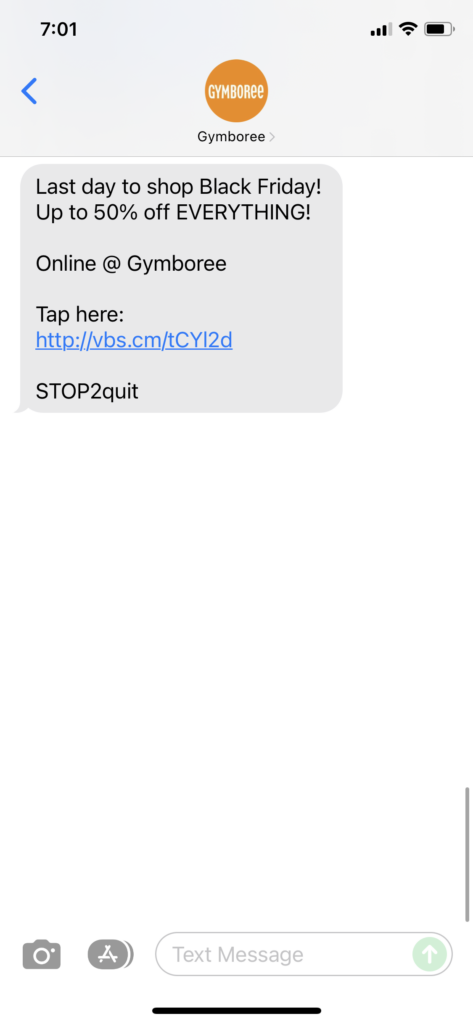 Gymboree Text Message Marketing Example - 11.26.2021
