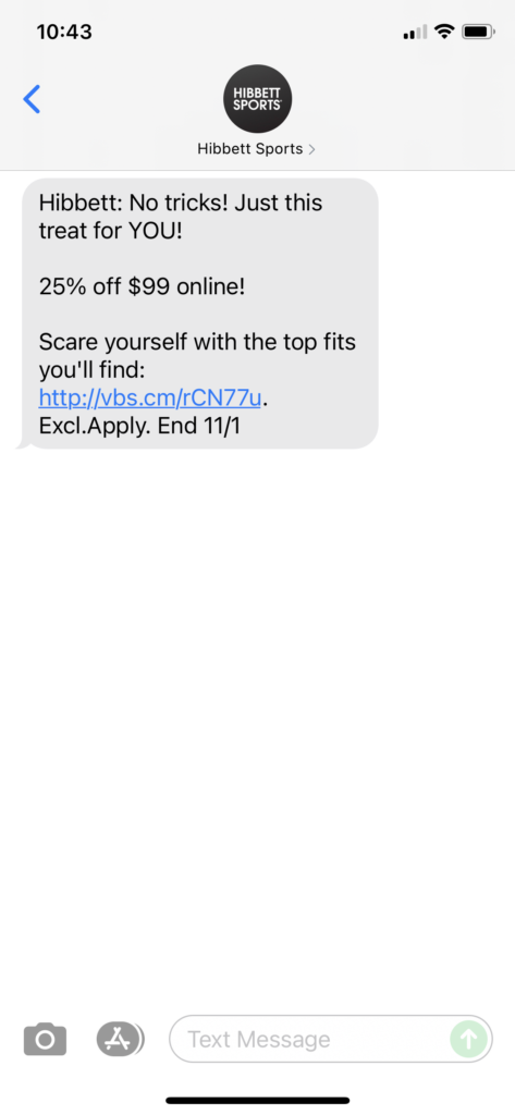 Hibbett Text Message Marketing Example - 10.31.2021