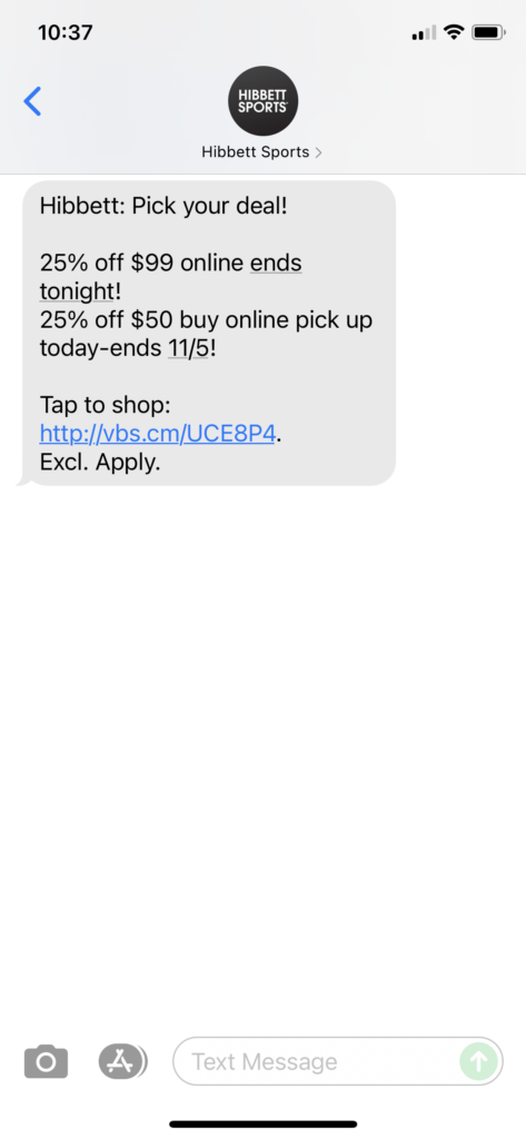 Hibbett Text Message Marketing Example - 11.01.2021Hi
