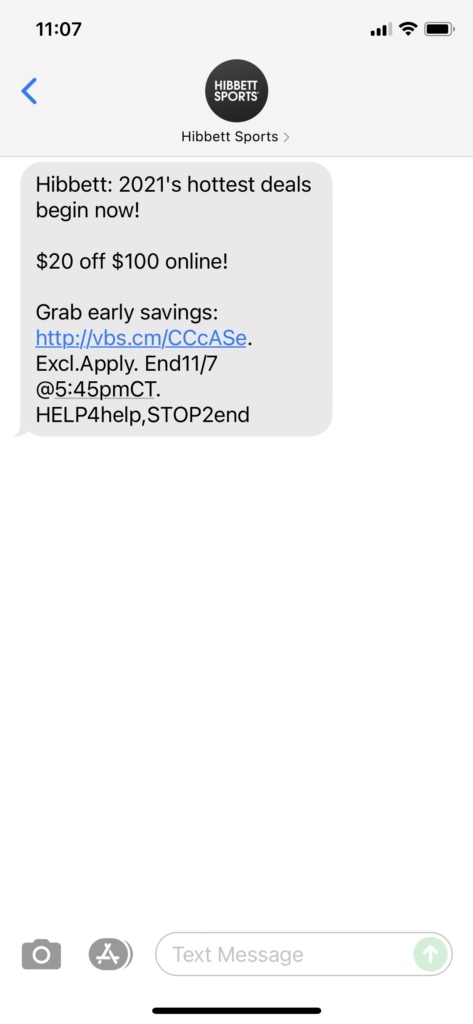 Hibbett Text Message Marketing Example - 11.06.2021