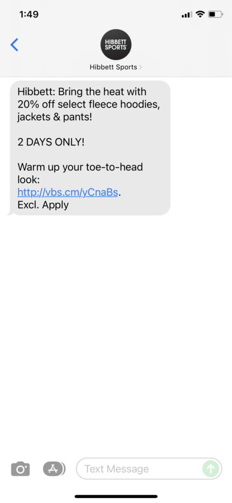 Hibbett Text Message Marketing Example - 11.09.2021