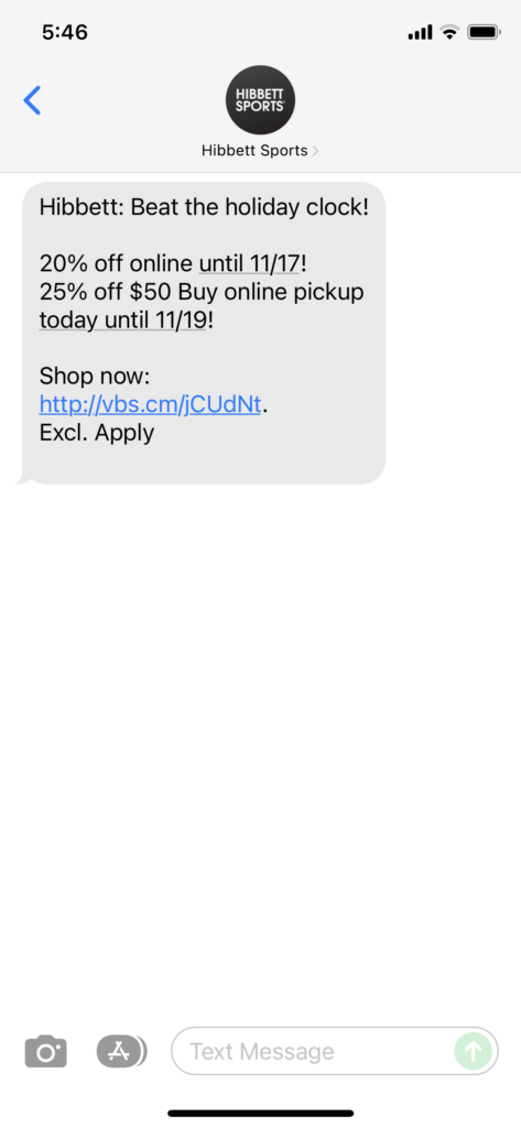 Hibbett Text Message Marketing Example - 11.15.2021