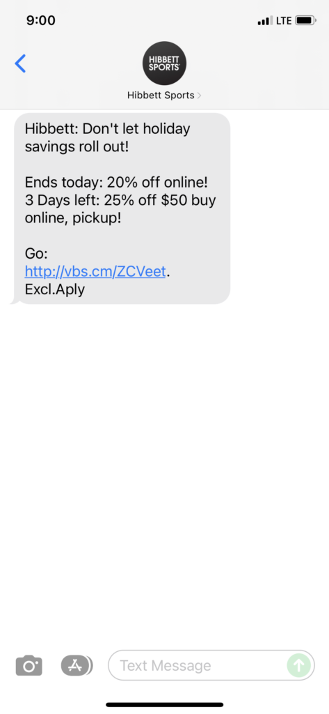 Hibbett Text Message Marketing Example - 11.17.2021