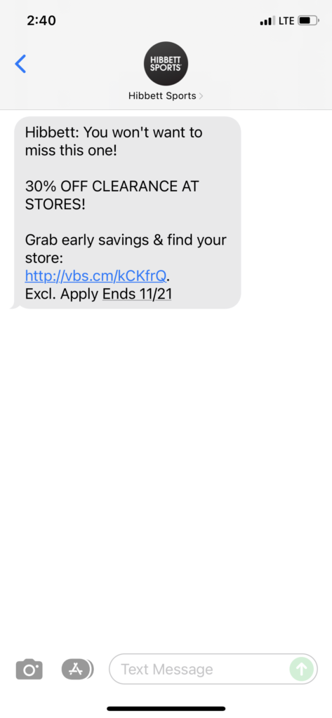Hibbett Text Message Marketing Example - 11.18.2021