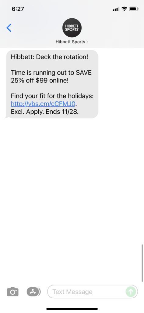 Hibbett Text Message Marketing Example - 11.27.2021